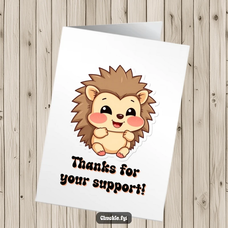 Funny Free Printable Thank You Card: A grinning hedgehog character puffing out its cheeks in a display of pure amusement.