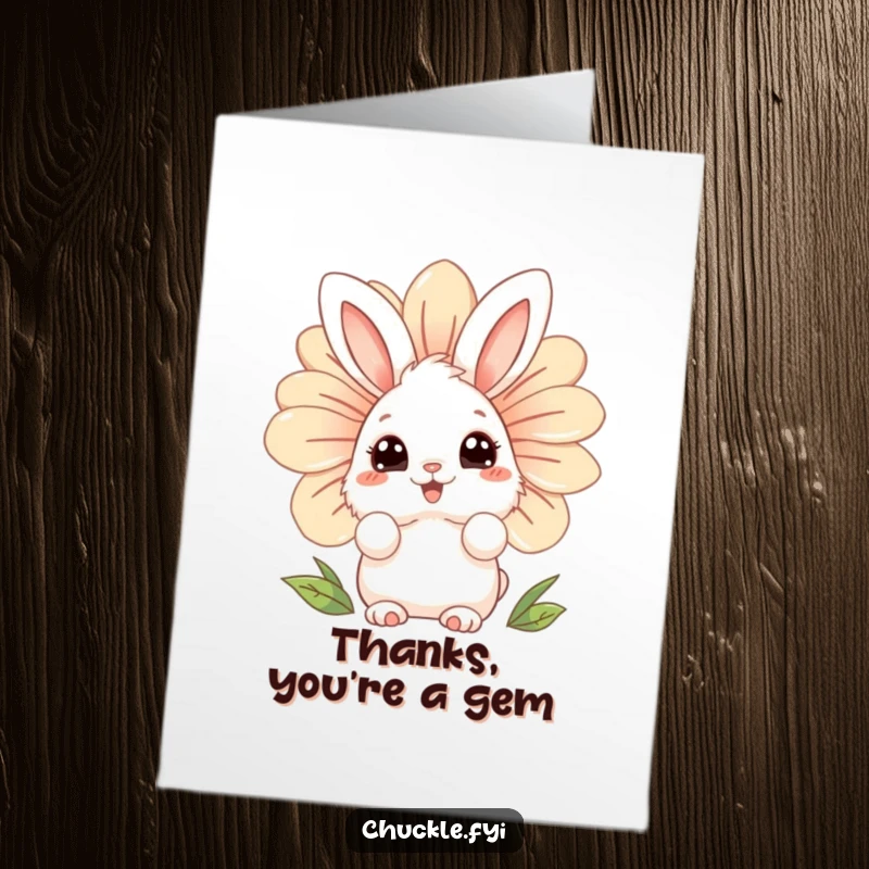 Funny free printable thank you card: a curious bunny peeking out from behind a big, laughing flower.