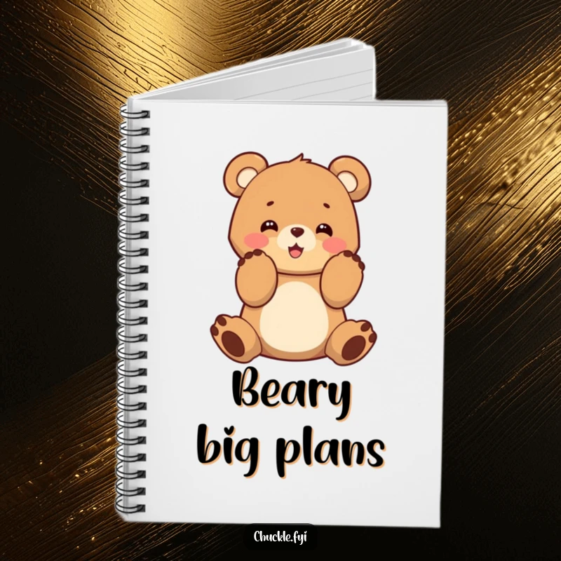 Notebook featuring a funny bear cub clapping its paws, perfect for jotting down ideas.