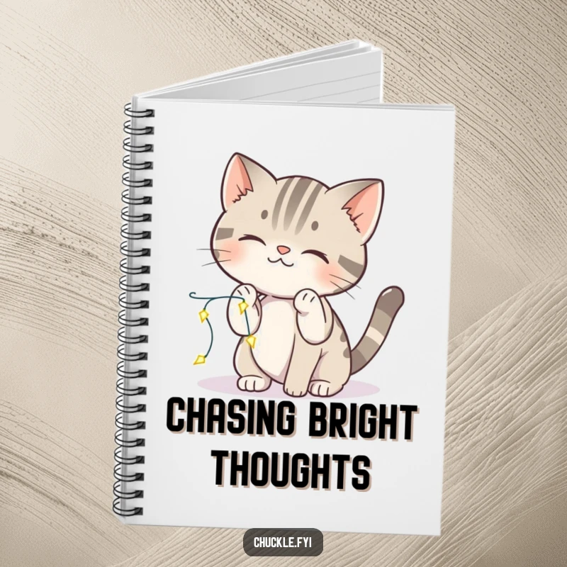 Funny cat notebook with a curious cat batting at tiny, sparkling lights, perfect for jotting down bright ideas.