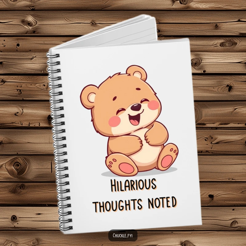 Funny notebook with a little bear cub giggling uncontrollably, holding its belly, ideal for notes, journaling, and spreading laughter.