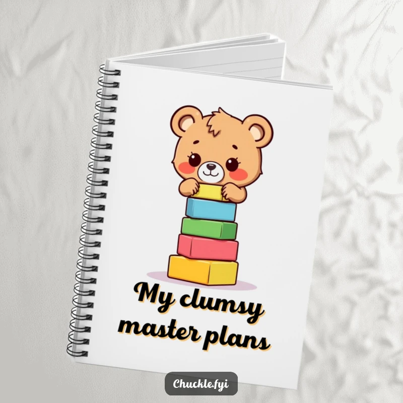 Funny bear cub notebook featuring a brave character bear cub concentrating intently on balancing a wobbly stack of blocks.