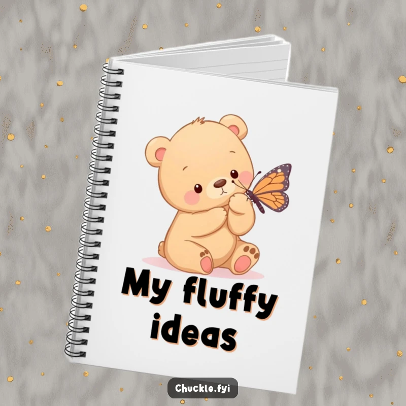 Funny notebook cover depicting a bear cub playfully tickling a butterfly with its paw, perfect for journaling sweet thoughts and kind ideas.