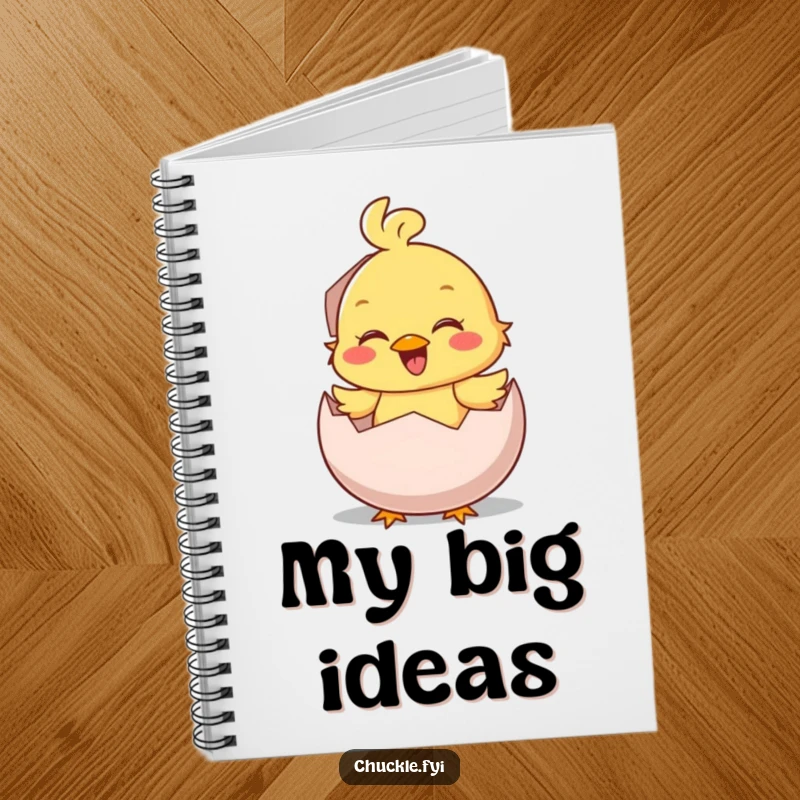 Funny Notebook: A happy chick character hatches from an egg with a chirp, ideal for jotting down bright ideas.