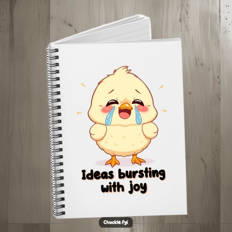 Funny notebook with a fluffy chick cracking up, tears of joy streaming, ideal for notes, journaling, and spreading laughter.