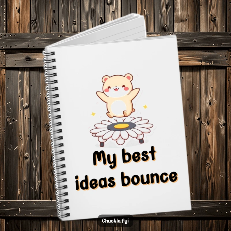 Funny notebook with a round animal character mid-bounce on a daisy trampoline, designed to bring joy to note-taking and creative writing.