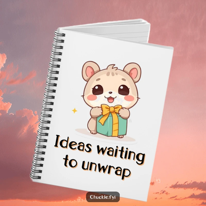 Funny notebook with a cute animal character with wide, wondering eyes excitedly unwrapping a gift, designed to inspire joy in note-taking.