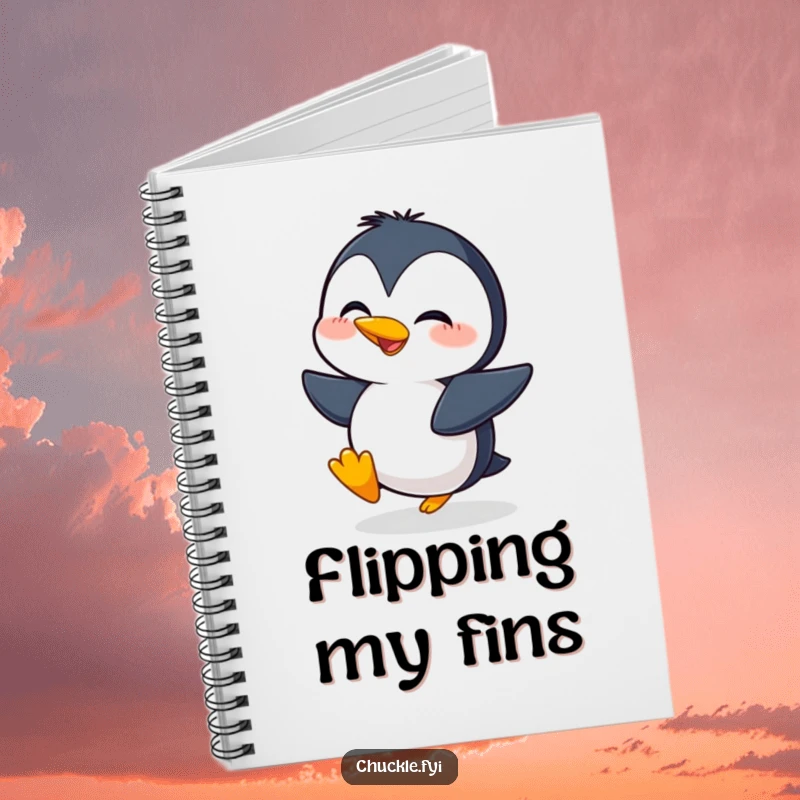 Funny notebook with a giggling penguin character waddling excitedly, perfect for capturing spontaneous thoughts and cheerful notes.