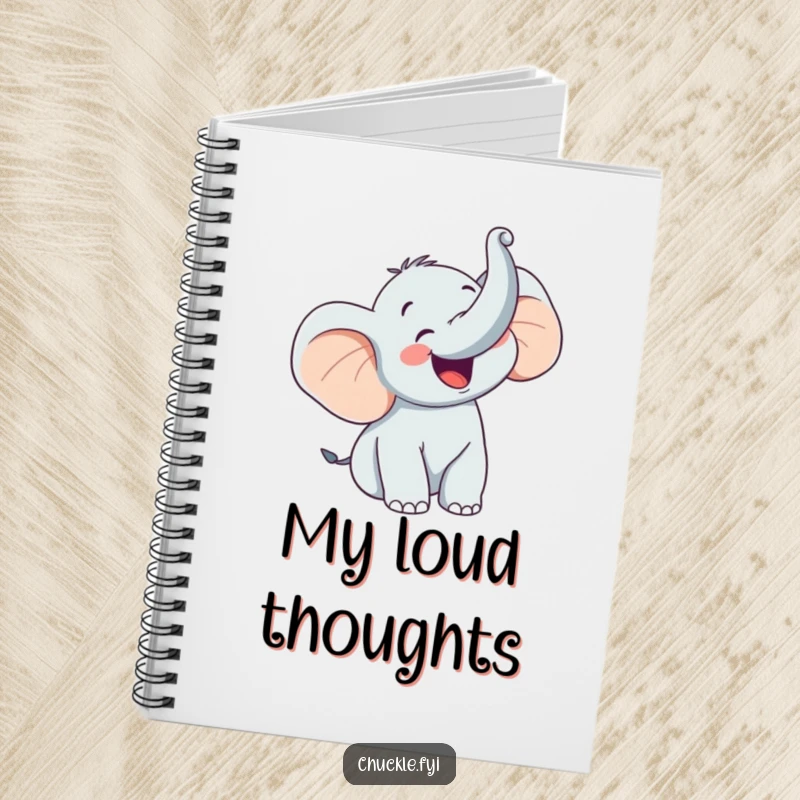 Funny notebook featuring a happy elephant character trumpeting with glee, trunk raised high, perfect for jotting down joyful ideas.