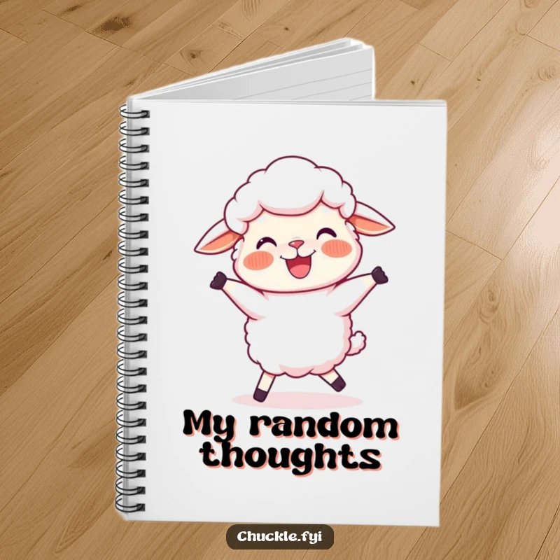 Funny Sheep Notebook with a joyful cartoon sheep, rosy cheeks, doing a silly, wobbly dance, great for notes and doodles.