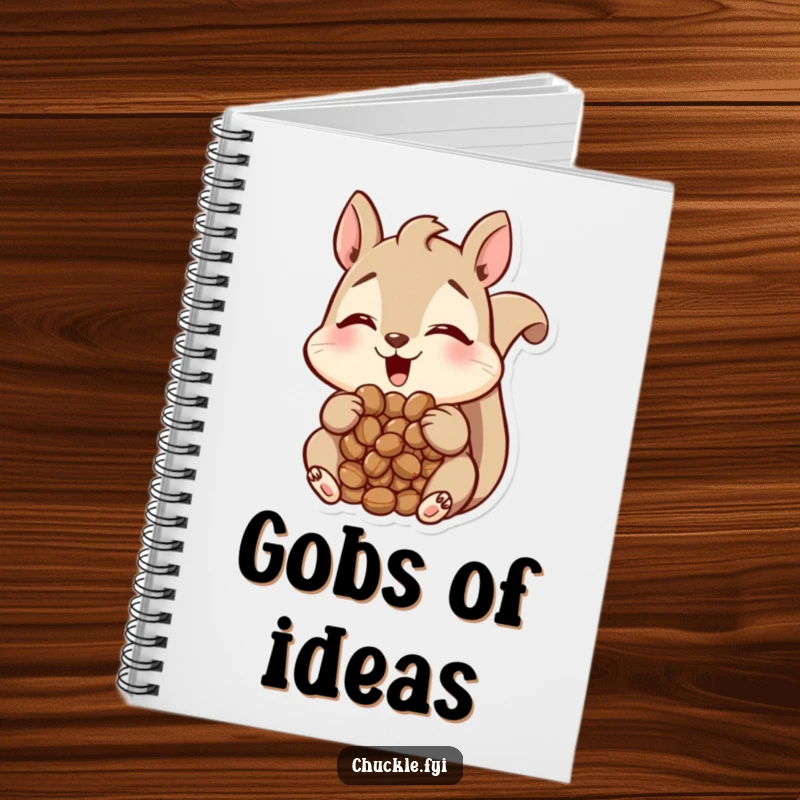 Funny Squirrel Notebook with a happy squirrel character holding a mouth full of nuts, looking amused, ideal for notes and doodles, a cute and funny gift.