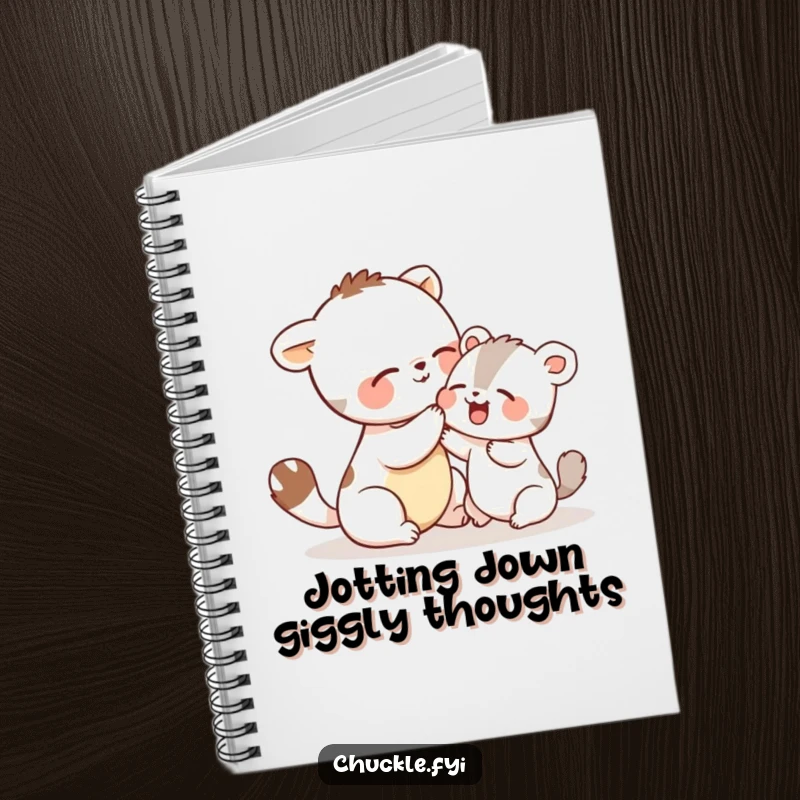 Funny notebook with two small animals playfully tickling each other and giggling, designed to inspire joy in note-taking and creative writing.
