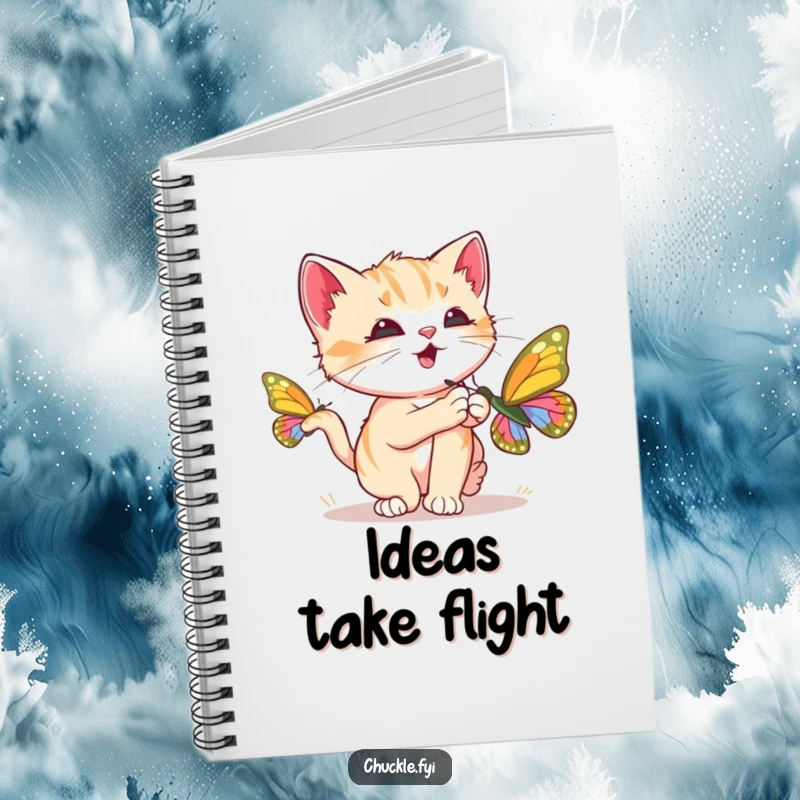 Funny Kitten Notebook with a curious kitten chasing a butterfly and purring loudly, ideal for notes and doodles, a cute and funny gift.