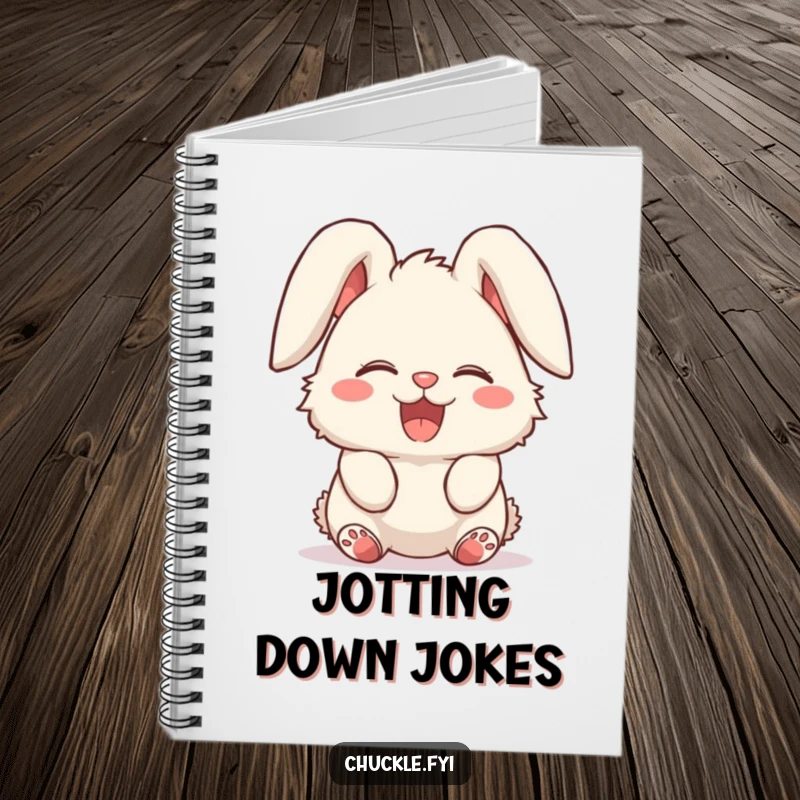 Funny notebook cover with a fluffy bunny character giggling uncontrollably, ears lolled over in delight. Cheerful and fun writing.