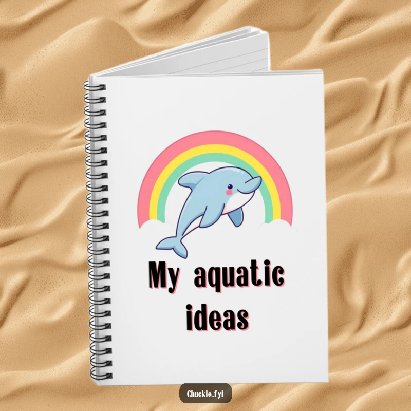 Funny dolphin notebook featuring a happy dolphin leaping through a rainbow, perfect for writing notes.