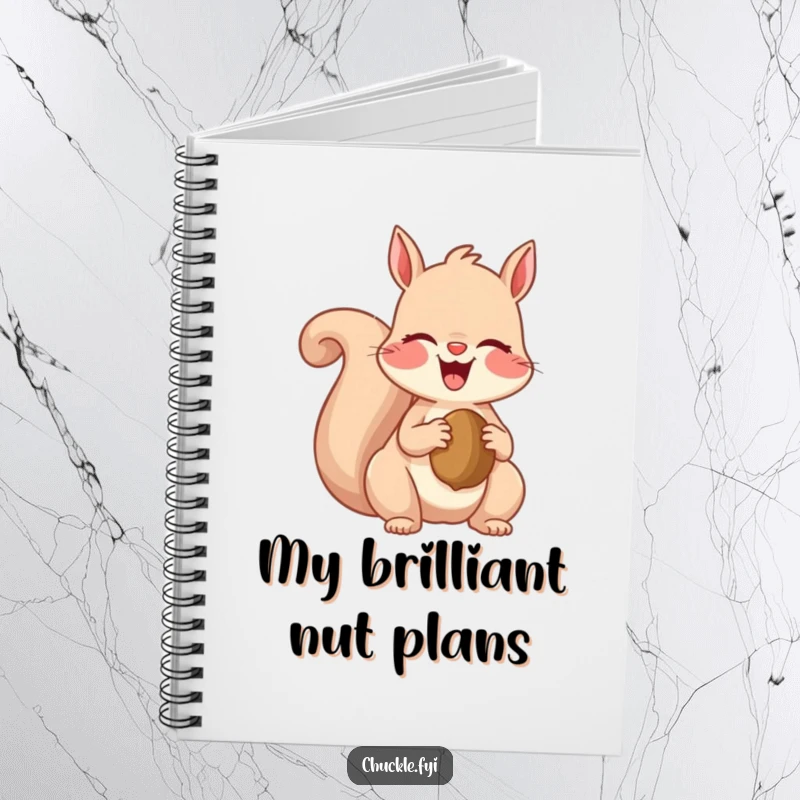 Funny notebook cover featuring a squirrel in stitches of laughter over a nut, perfect for jotting down funny notes and brilliant ideas.