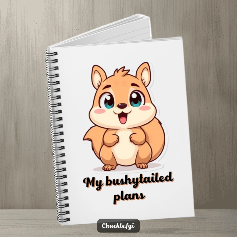Funny notebook with a chattering squirrel character with wide, excited eyes, ideal for jotting down energetic thoughts.