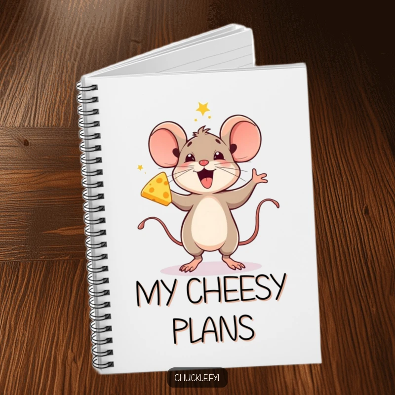 Funny notebook with a delighted mouse character doing a celebratory jig with cheese, perfect for capturing joyful thoughts.