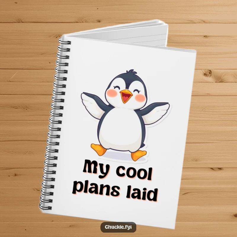 Funny penguin notebook featuring a joyful penguin waddling with wings spread wide, perfect for note-taking.