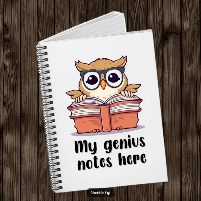 Funny chuckling owl with spectacles, peeking over a book, on a notebook cover.
