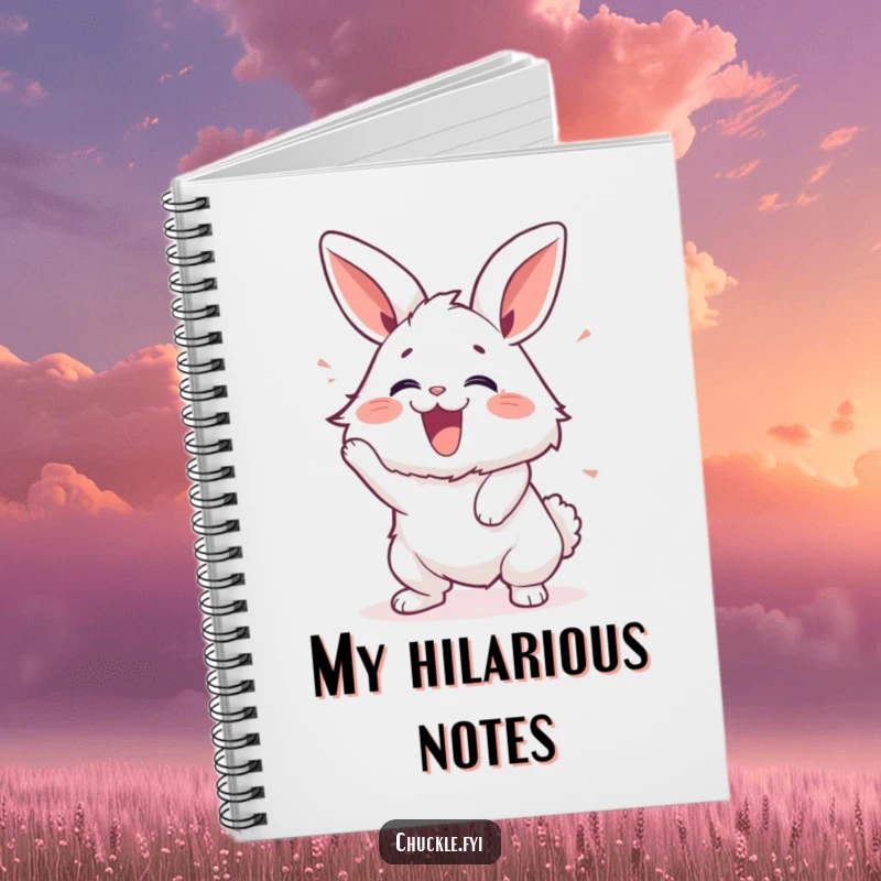 Funny notebook with a fluffy bunny shaking with laughter, ideal for notes, journaling, and creative ideas.