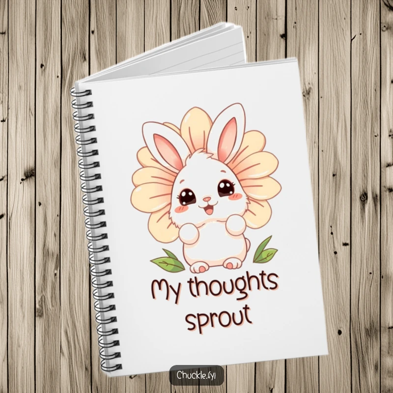 Funny fluffy bunny notebook character with wide, curious eyes, peeking from behind a giant, laughing flower, for creative notes.