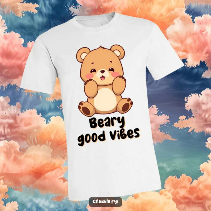 Funny bear cub enthusiastically clapping its paws on a comfortable t-shirt, a symbol of celebration.