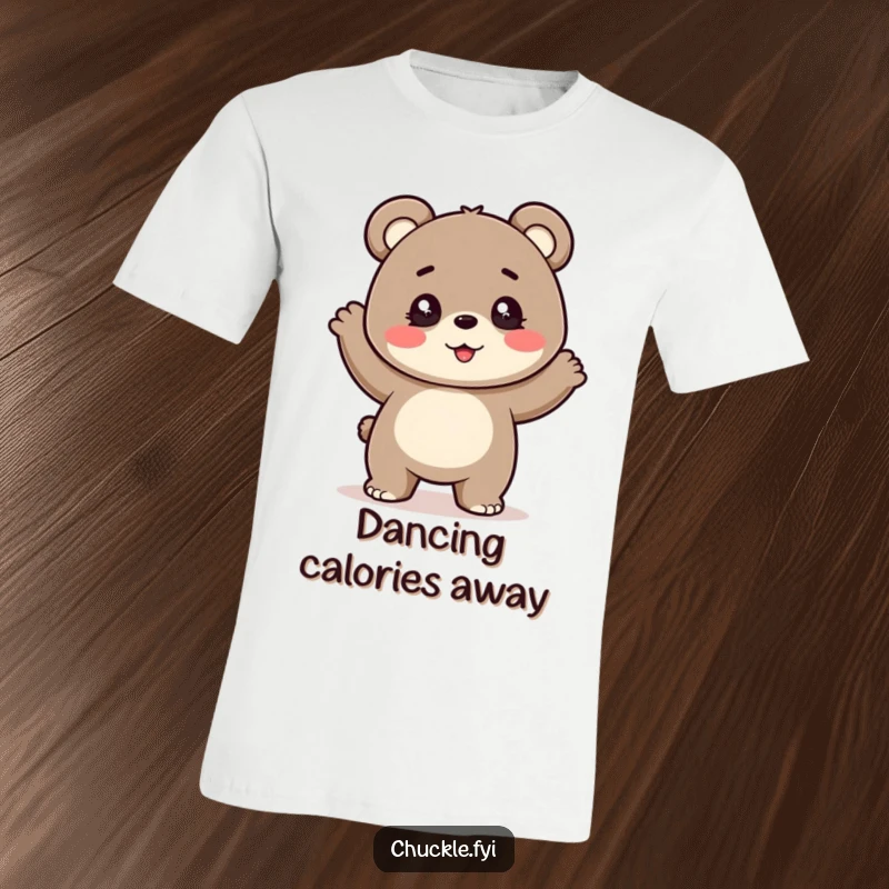 Funny t-shirt of a cheerful bear cub with sparkling eyes performing a silly, bouncy dance with infectious energy.