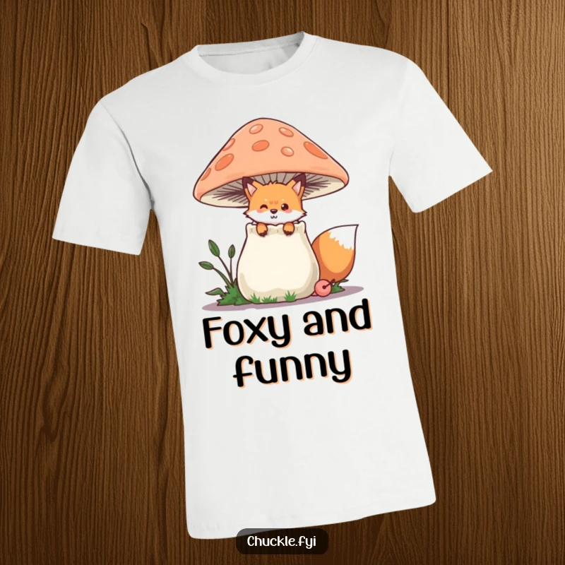 Funny Fox T-Shirt showcasing a playful fox peeking from behind a large, chuckling mushroom, a delightful and funny gift.