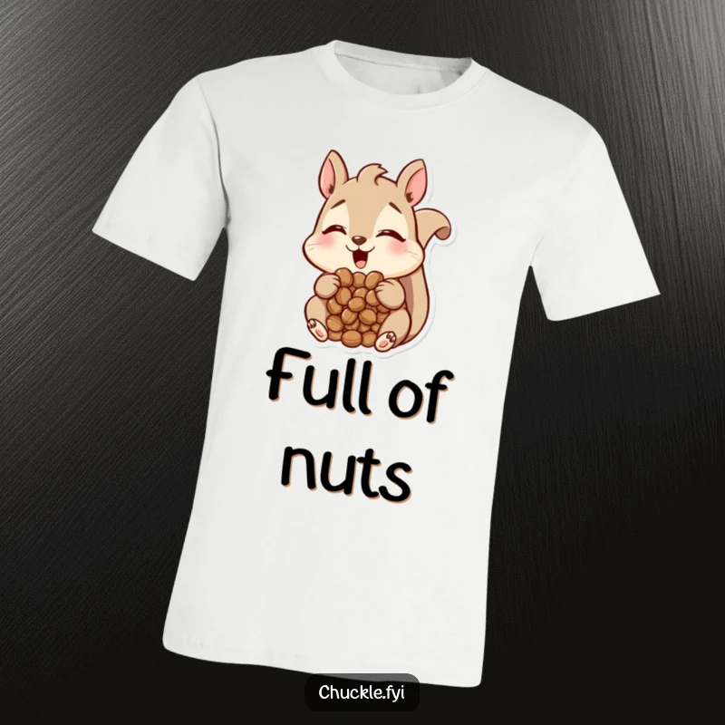 Funny Squirrel T-Shirt showing a happy squirrel character with a mouth full of nuts, looking utterly amused, a comical and funny gift.