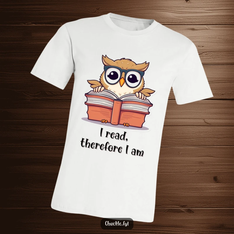 Funny chuckling owl with spectacles, peeking over a giant book, printed on a t-shirt.