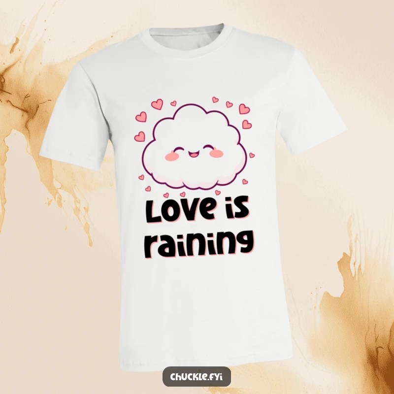 Funny t-shirt featuring a happy cloud character raining tiny hearts, radiating love, joy, and fluffy cheerfulness.