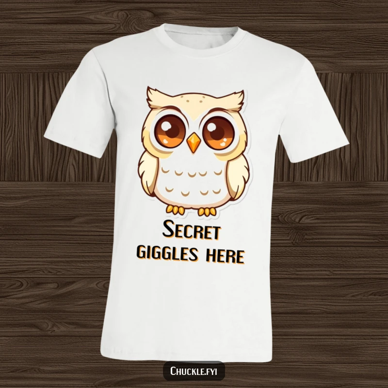 Funny Curious Owl T-Shirt showing a wise owl with sparkling eyes, softly chuckling, radiating clever amusement.