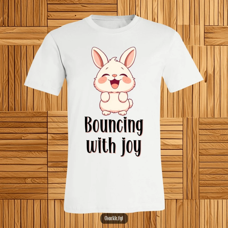 Funny Fluffy Bunny T-Shirt featuring a rabbit with perked ears exploding with laughter, a symbol of pure mirth.