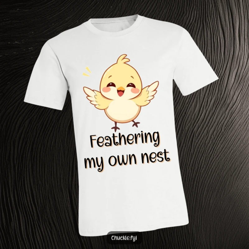 Funny flying bird t-shirt showing a small, happy bird mid-flutter with wings outstretched, letting out a cheerful sound.