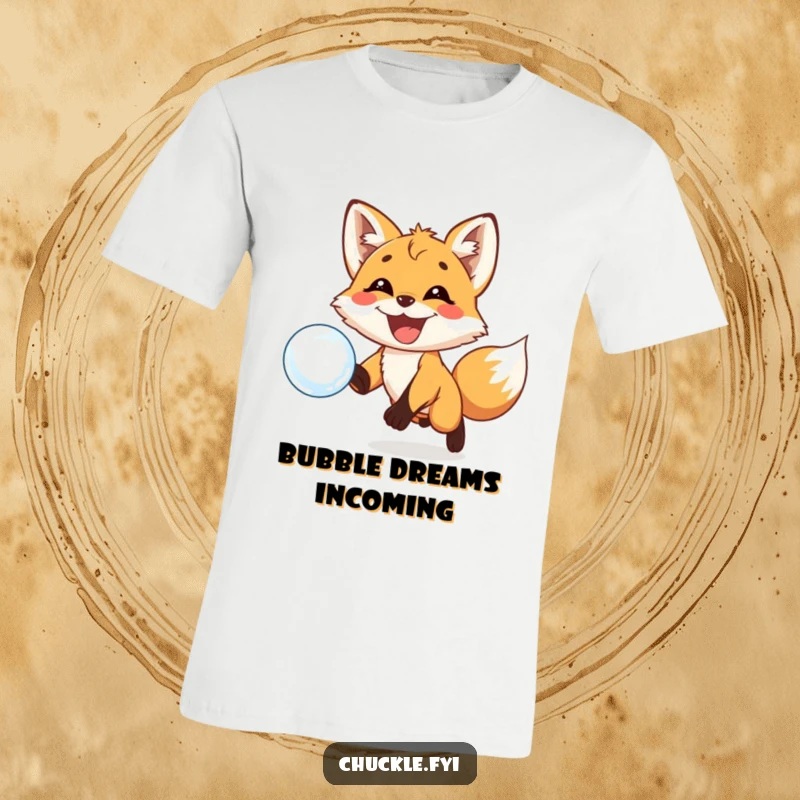 Funny t-shirt of a playful fox cub with a huge grin enthusiastically chasing a delicate, floating bubble.