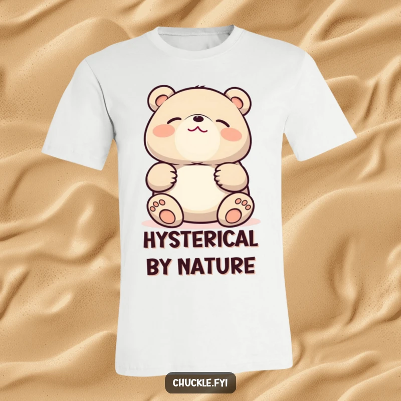 Funny Kawaii bear t-shirt showing a cute bear laughing heartily while holding its stomach, eyes squeezed shut in amusement.