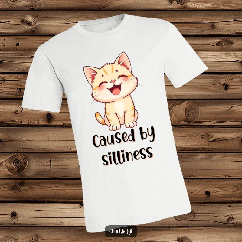 Funny t-shirt featuring a happy kitten with perked ears bursting into a fit of uncontrollable laughter. Adorable and amusing.