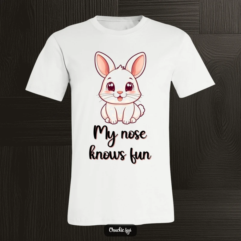 Funny t-shirt showcasing a small rabbit with wide, joyful eyes happily bopping its nose, radiating charm and delight.
