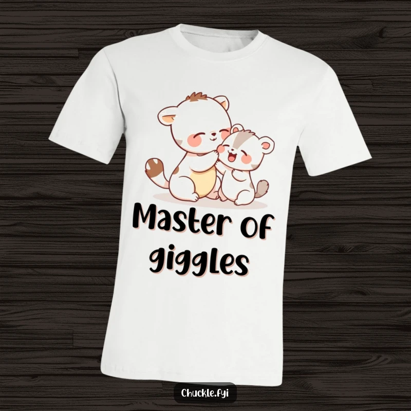 Funny t-shirt depicting two small animals playfully tickling one another and giggling uncontrollably, celebrating shared joy and friendship.