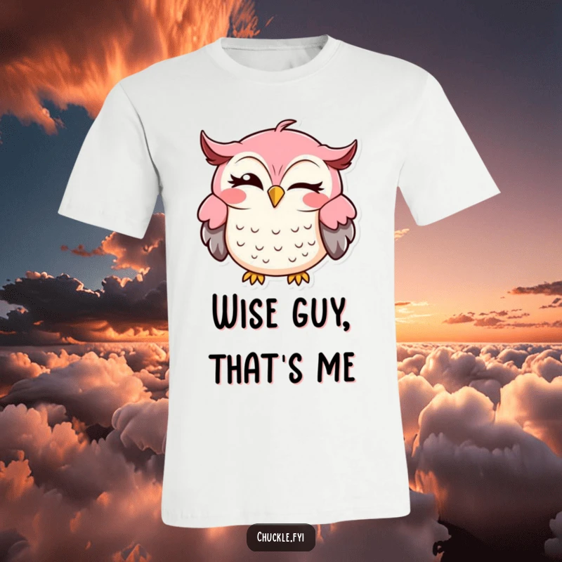 Funny owl t-shirt showcasing a cheerful owl winking with a funny sideways grin, ideal for casual wear.