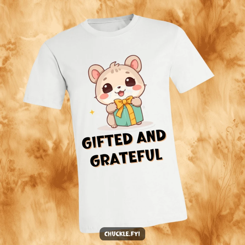 Funny t-shirt depicting a cute animal character with wide, astonished eyes eagerly unwrapping a gift, capturing a moment of pure, delightful wonder.