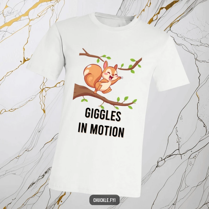 Funny Energetic Squirrel T-Shirt depicting a squirrel mid-leap, giggling with infectious delight, full of playful energy.