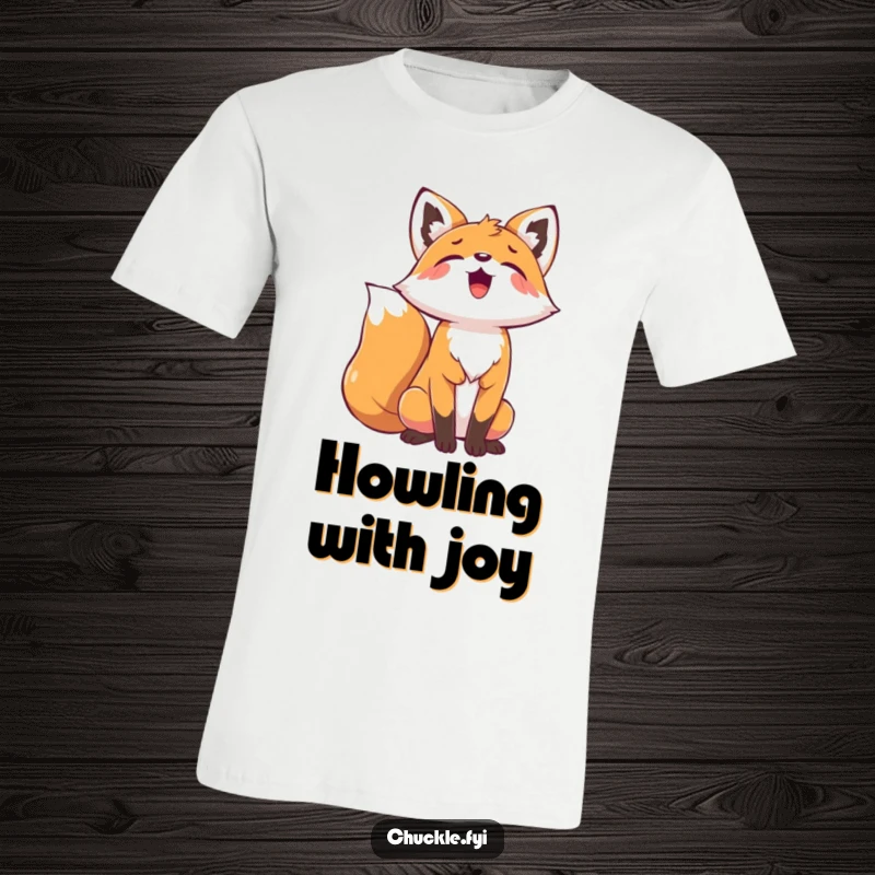 Funny Playful Fox T-Shirt showing a fox with head back, joyfully howling, embodying wild and free spirit.