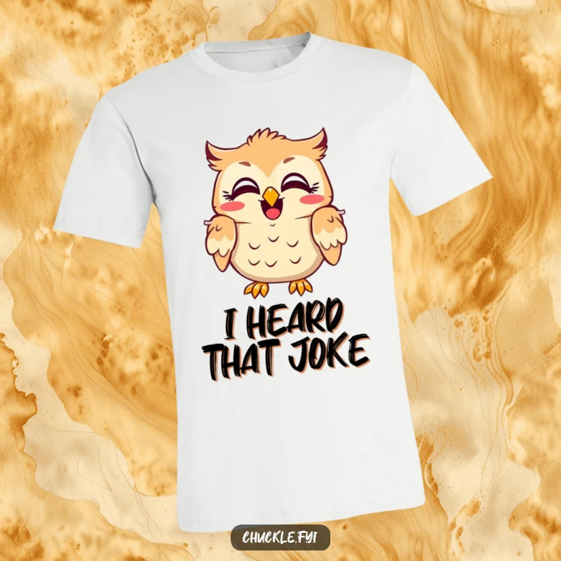 Funny owl character T-shirt, eyes wide with amusement, head shaking in laughter, expressing pure comedic delight and silliness.