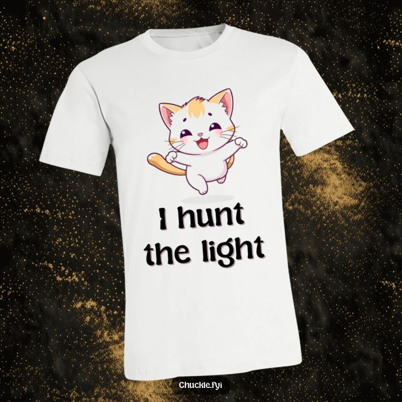 Funny playful kitten t-shirt character chasing a beam of light with a joyous bounce, capturing feline energy and fun.