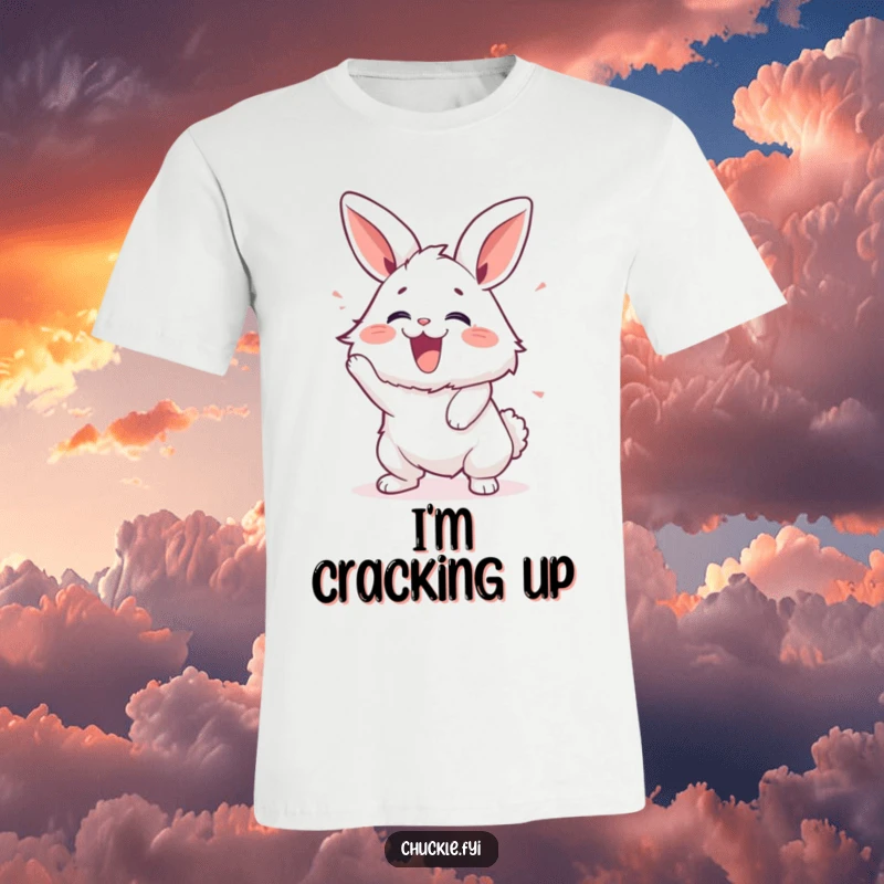 Funny t-shirt showing a fluffy bunny shaking intensely with laughter, conveying pure, uninhibited joy.