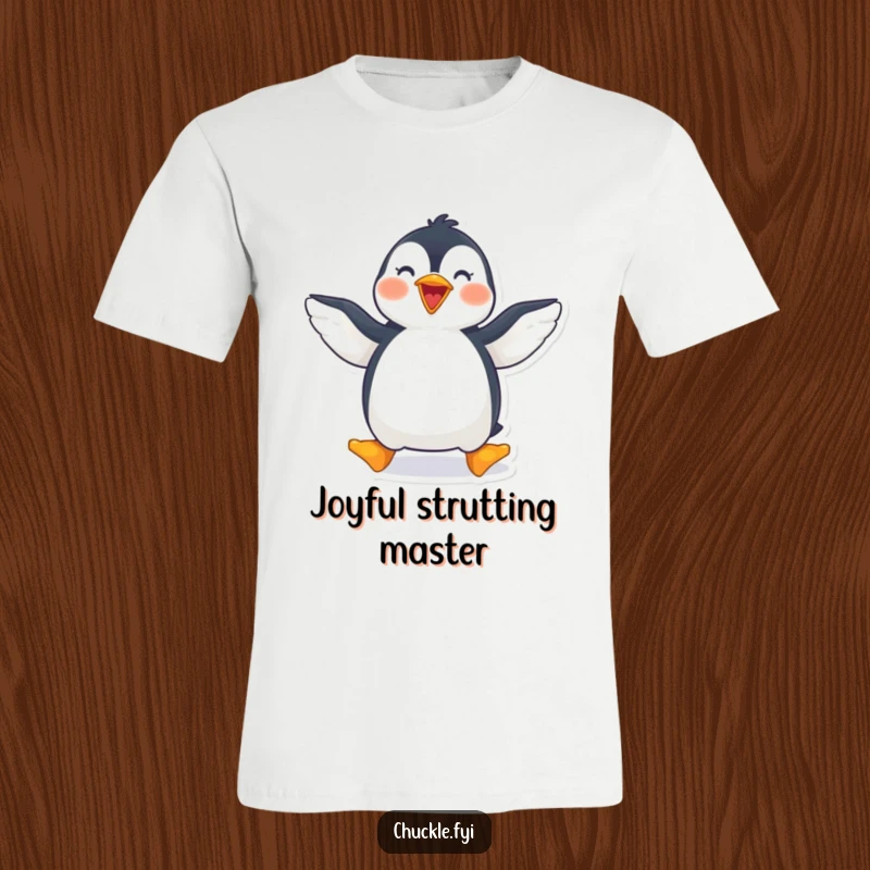 Funny penguin t-shirt showcasing a joyful penguin waddling with wings spread wide, great for casual wear.