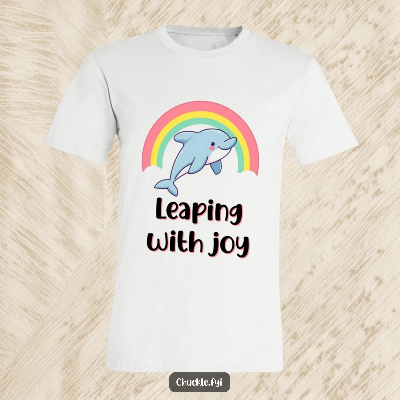 Funny dolphin t-shirt with a smiling dolphin leaping through a colorful rainbow arc, great for casual wear.
