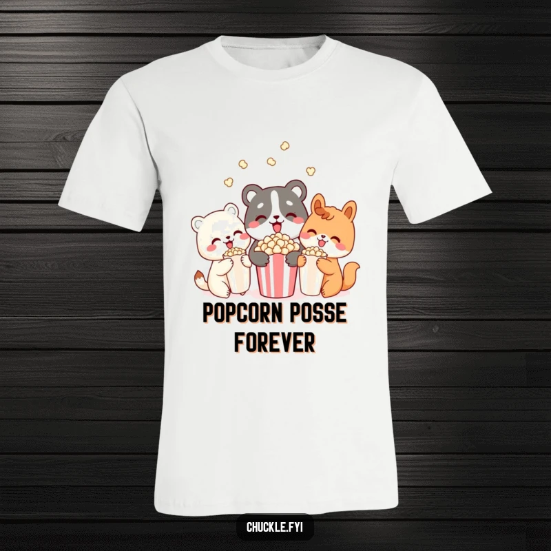 Funny t-shirt with three adorable animal characters delightedly sharing a big bowl of popcorn, celebrating friendship and movie time fun.